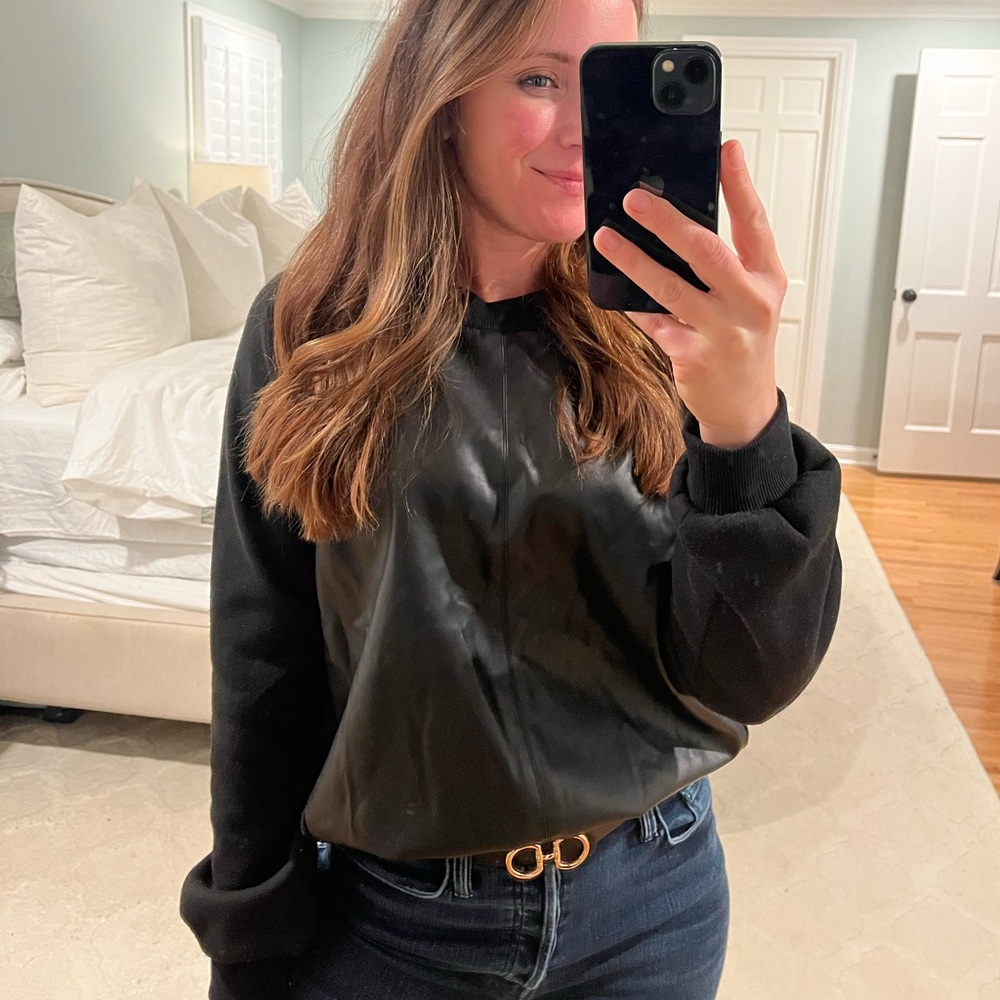 Evereve Faux Leather Black Crewneck Sweatshirt